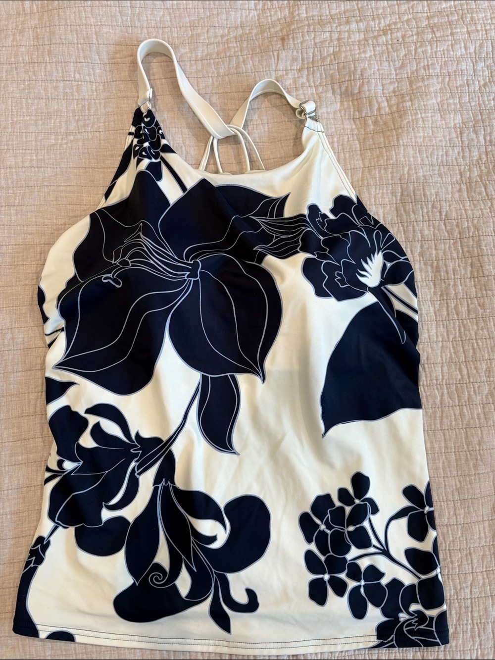 Lands' End Cream and Navy Floral Halter Tankini Top